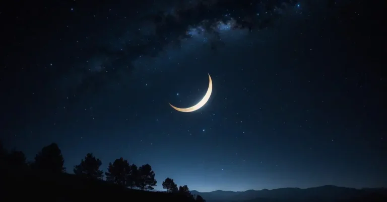 Super New Moon Spiritual Meaning: Fresh Beginnings 2024 7 Super New Moon Spiritual Meaning: A dark night sky with a glowing crescent moon, surrounded by twinkling stars and a sense of mystery and spiritual energy