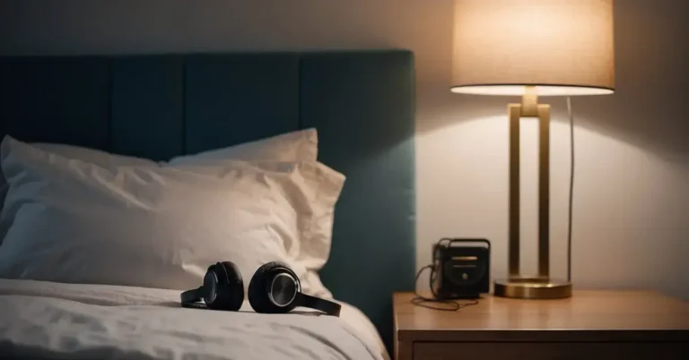 Binaural Beats Sleep: Unlock Better Rest Tonight 2024 134 Binaural Beats Sleep: A serene bedroom with headphones on a nightstand, soft lighting, and a peaceful atmosphere