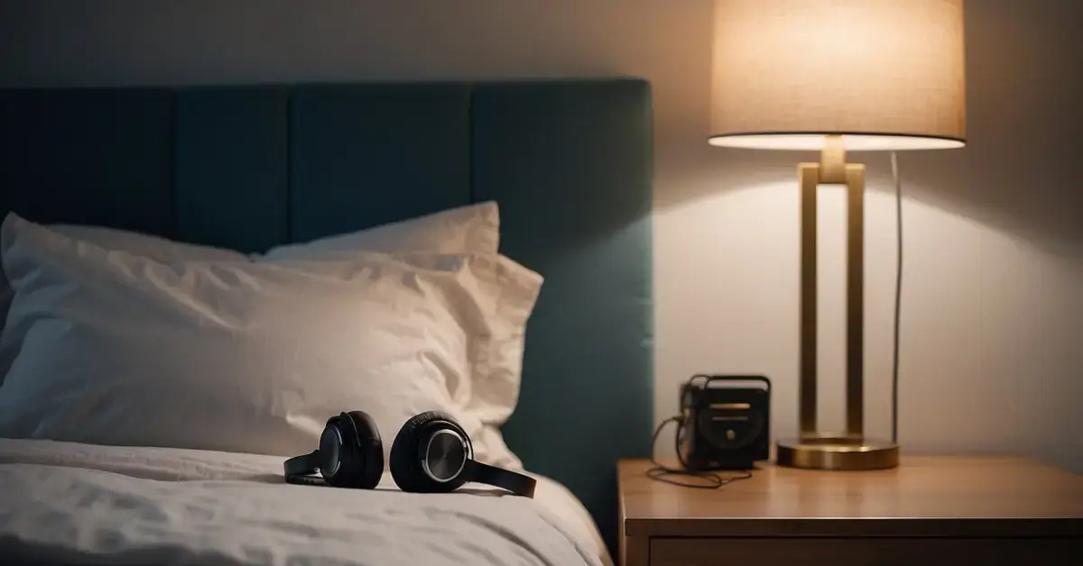Binaural Beats Sleep: A serene bedroom with headphones on a nightstand, soft lighting, and a peaceful atmosphere