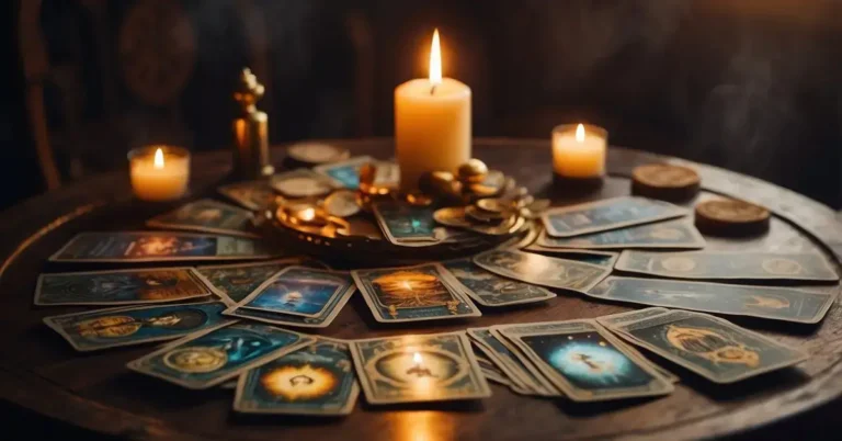 How Many Tarot Cards Are There: A Beginner's Guide 2024 5 How Many Tarot Cards Are There: How Many Tarot Cards Are There: A table with 22 Major Arcana tarot cards spread out in a semi-circle, surrounded by mystical symbols and a glowing aura