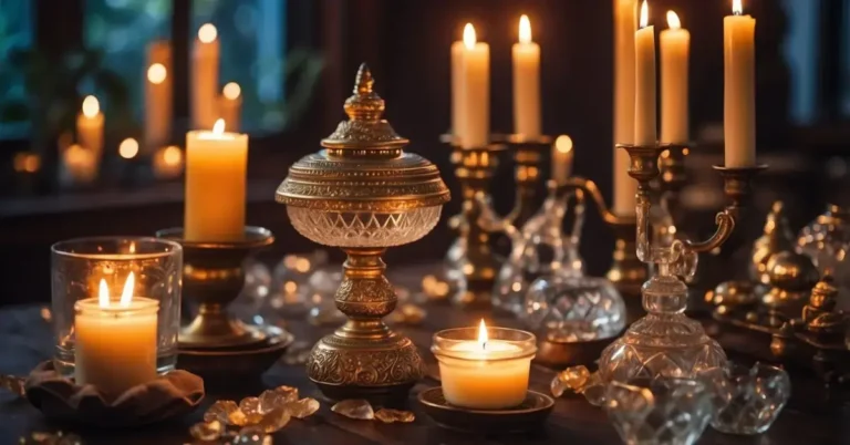 How To Create A Spiritual Altar: A Step-by-Step Guide 2024 2 How To Create A Spiritual Altar: A table with candles, crystals, incense, and sacred objects arranged in a serene space with soft lighting and natural elements