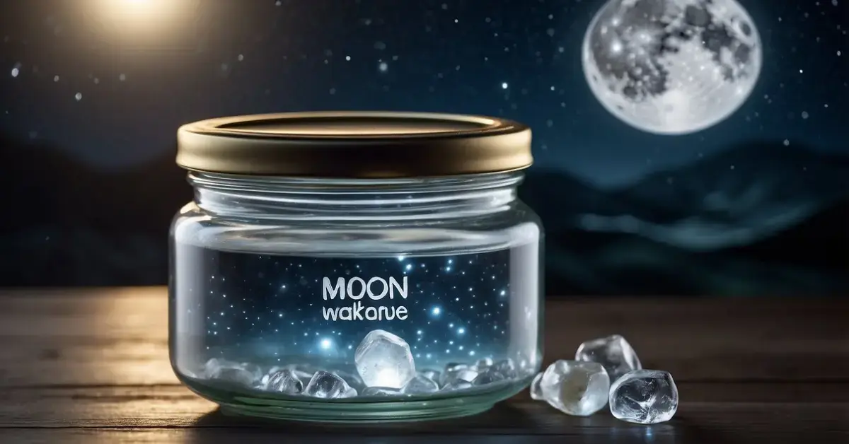 How To Make Moon Water: Moon water being made: A clear glass jar filled with water placed under the moonlight with a label that reads "Moon Water" and a small crystal inside