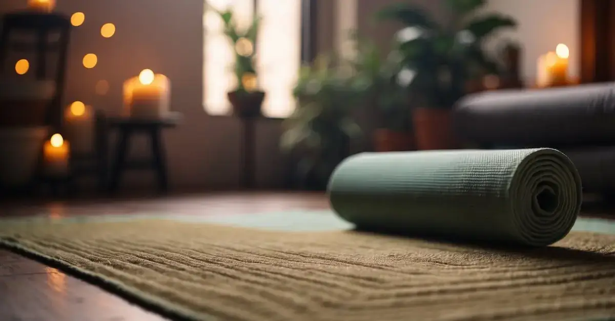 How To Practice Kriya Yoga At Home: A serene space with a yoga mat, incense, and soft lighting for practicing kriya yoga at home