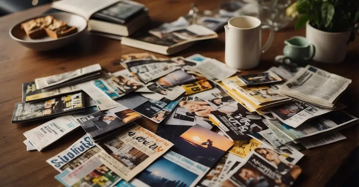 How To Create A Vision Board: A table with magazines, scissors, glue, and a blank board. Cut-out images of goals, dreams, and inspirational quotes scattered around