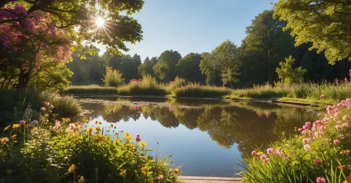 How To Find Inner Peace: A serene landscape with a tranquil pond surrounded by lush greenery and colorful flowers, with a clear blue sky and gentle sunlight