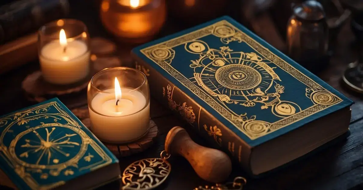 How To Read Tarot Cards: A table set with a deck of tarot cards, a guidebook, and a journal. A candle flickers in the background, casting a soft glow on the tools