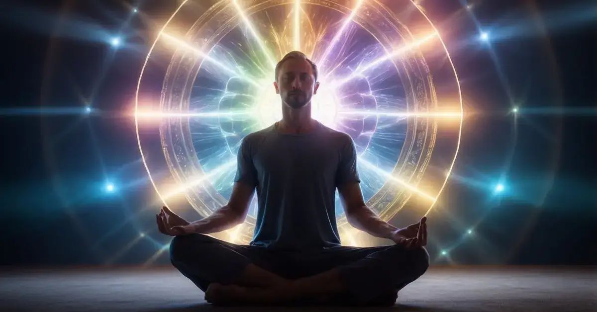 How To Unblock Chakras: A glowing, multicolored wheel of energy floats above a meditator, with beams of light radiating from each chakra point