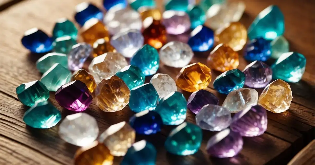 How To Use Crystals For Healing: A collection of crystals arranged in a circular pattern on a wooden table, with soft natural light shining on them