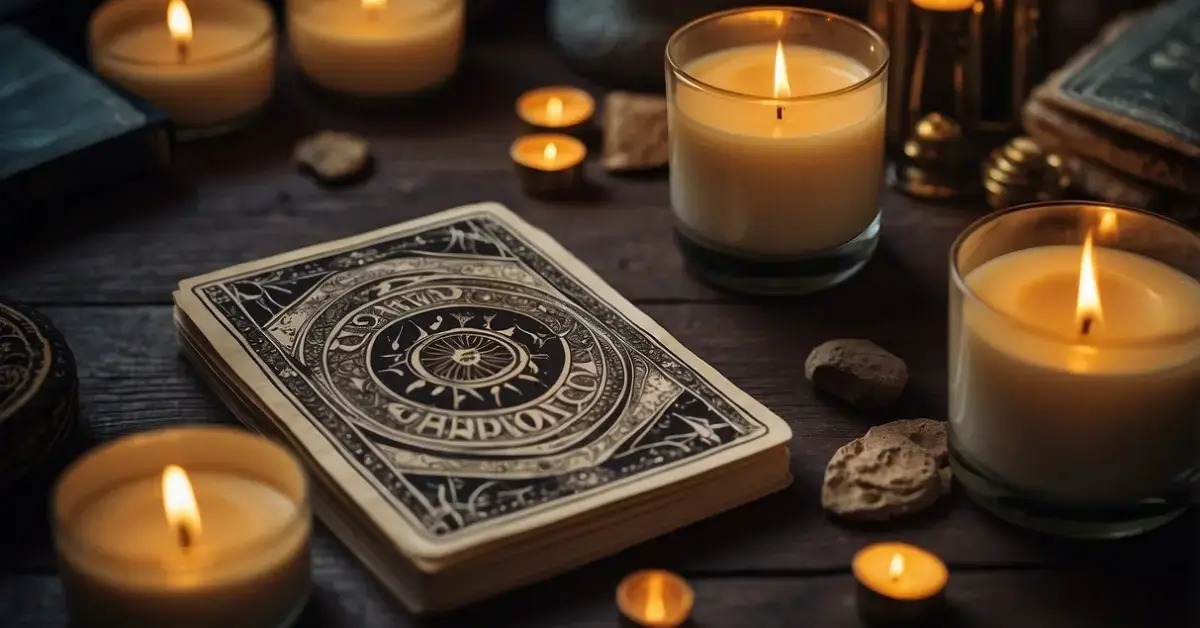 How To Use Tarot Cards: A table with a deck of tarot cards spread out, a guidebook, and a candle burning in the background