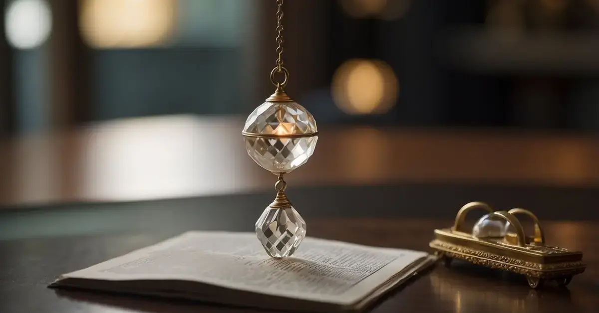 How To Use A Pendulum: A pendulum swings over a table with a mat, crystal, and guidebook. A person's hand holds the pendulum, following the instructions