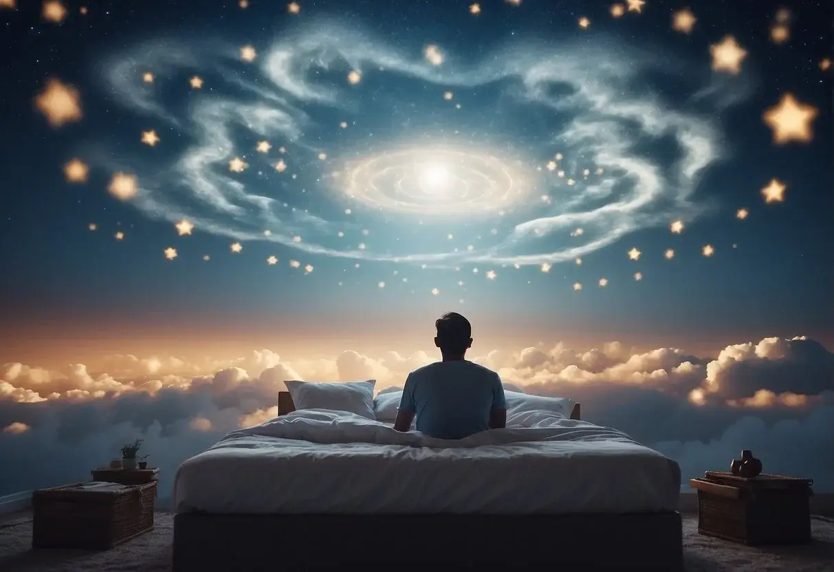 Is Lucid Dreaming Dangerous: Risks and Benefits 2024 1 Is Lucid Dreaming Dangerous: A dreamer hovers above a bed, surrounded by swirling clouds and a glowing, ethereal barrier. Below, a warning sign flashes "Risks and Precautions of Lucid Dreaming."