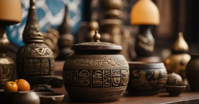 Korean Shamanism: Unlocking Ancient Spiritual Wisdom 2024 2 Korean Shamanism: A table adorned with shamanistic symbols and tools, including drums, bells, and ritualistic objects, set against a backdrop of traditional Korean patterns and designs