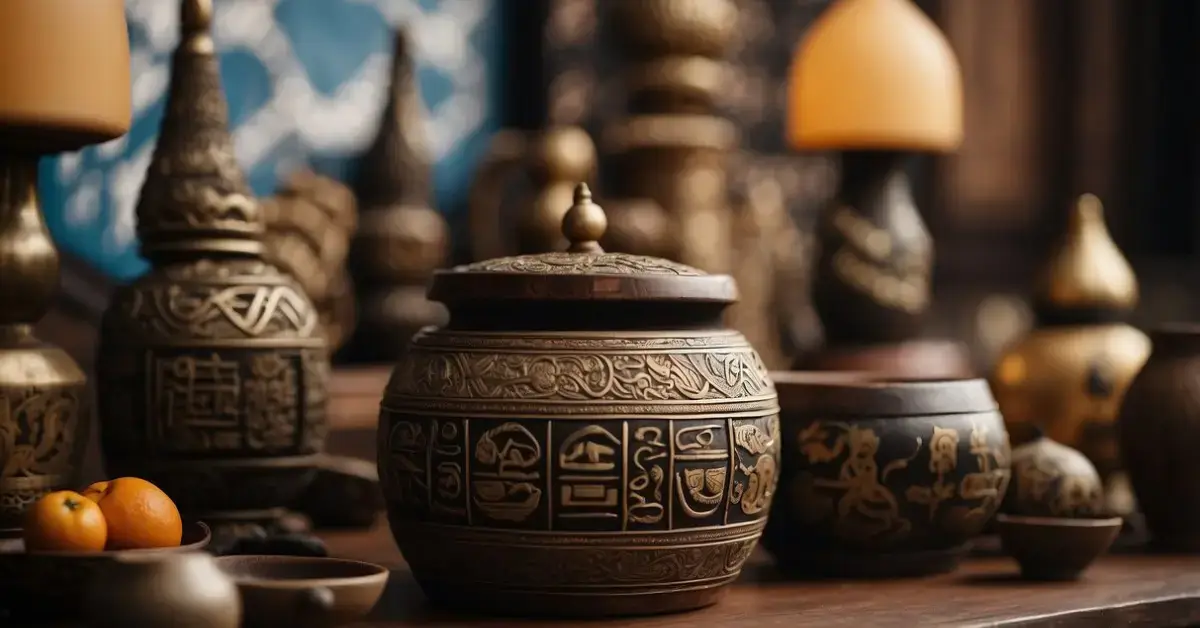 Korean Shamanism: A table adorned with shamanistic symbols and tools, including drums, bells, and ritualistic objects, set against a backdrop of traditional Korean patterns and designs