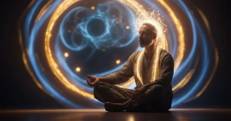 Kundalini Energy: Unlocking Your Inner Potential 2024 8 Kundalini Energy: A serene figure sits cross-legged, surrounded by swirling energy. A radiant light emanates from their center, symbolizing the awakening of kundalini energy