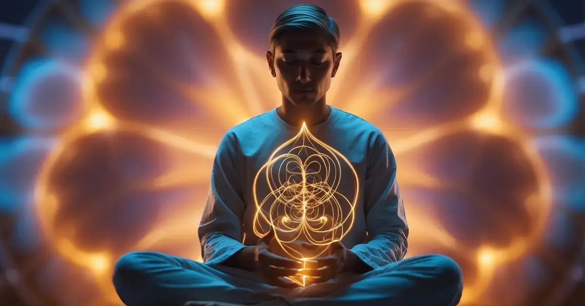 Kundalini Meaning: A serene figure sits cross-legged, surrounded by vibrant energy spiraling upwards from the base of the spine, symbolizing kundalini awakening