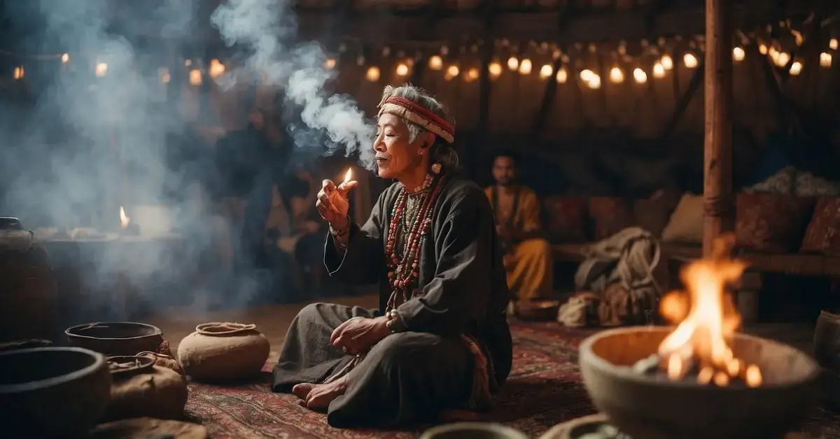 Mongolian Shamanism: A shaman conducts a ritual, surrounded by offerings and sacred objects in a yurt. Smoke rises from burning herbs as the shaman chants and drums