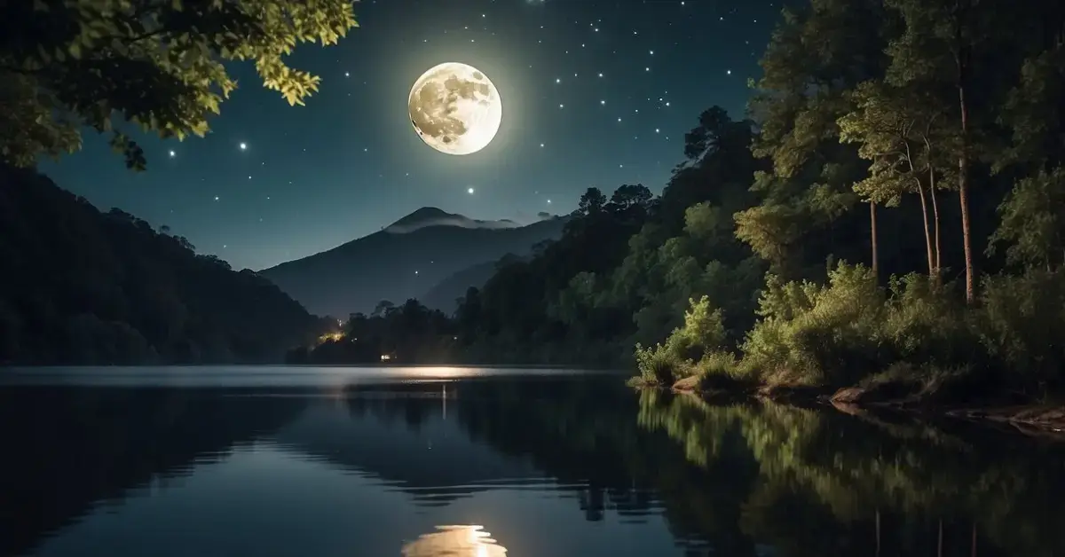 Moon Water Benefits: A serene night scene with a full moon reflecting on calm water, surrounded by lush greenery and twinkling stars above
