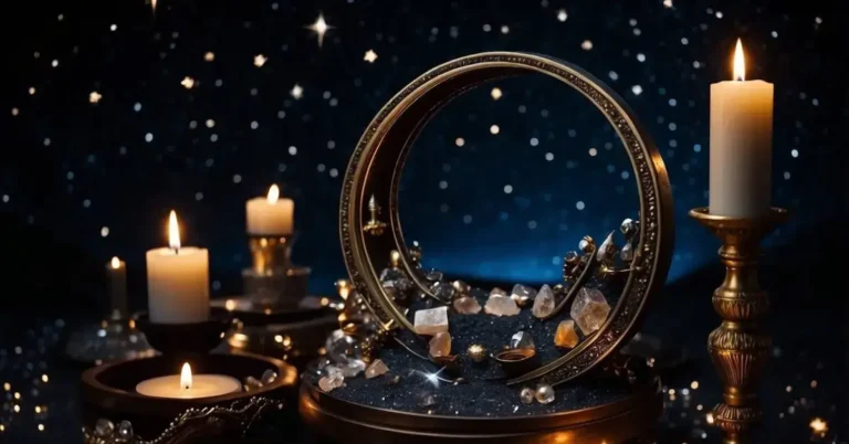 New Moon Ritual For Manifestation: Unlock Your Goals 2024 5 New Moon Ritual For Manifestation: A dark night sky with a sliver of a new moon, surrounded by twinkling stars. A small altar with candles, crystals, and symbolic objects for manifestation