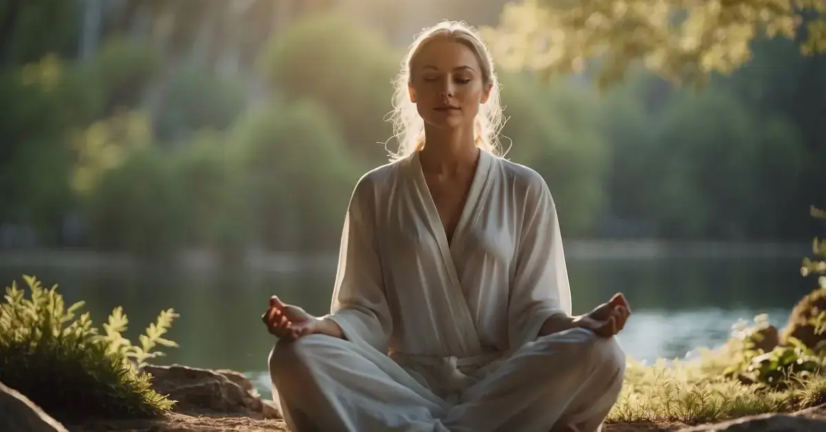 Somatic Breathwork: A serene figure surrounded by soft light, practicing somatic breathwork in a tranquil natural setting