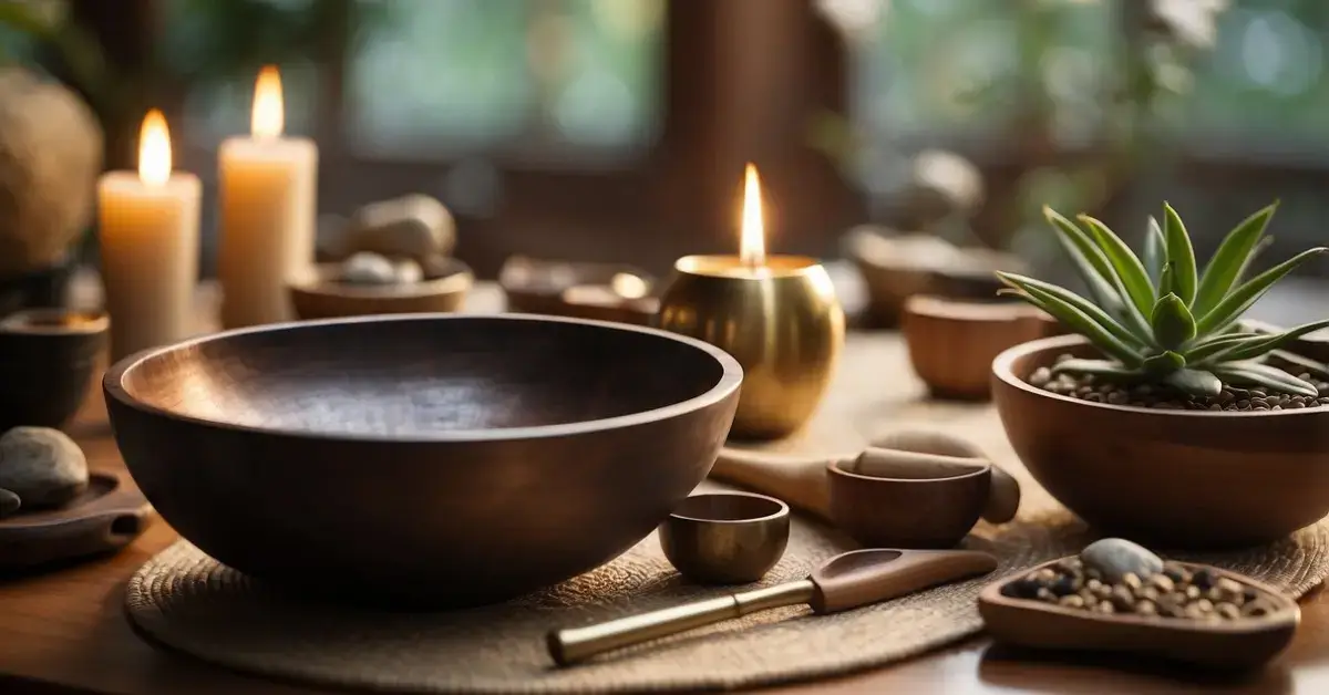 Sound Healing Instruments: A variety of sound healing instruments, including singing bowls, tuning forks, and gongs, are arranged in a serene space with soft lighting and natural elements