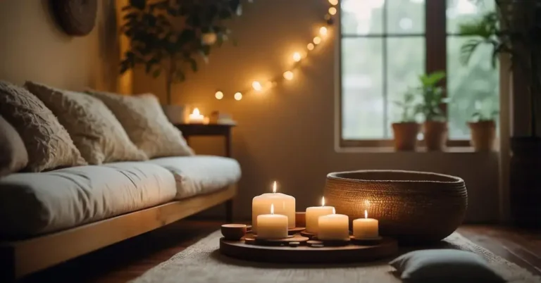 Sound Healing Meditation: Inner Peace Through Vibrations 2024 8 Sound Healing Meditation: A serene room with soft lighting, cushions, and instruments such as singing bowls and chimes arranged in a circle. A gentle, peaceful atmosphere with a sense of tranquility and healing energy