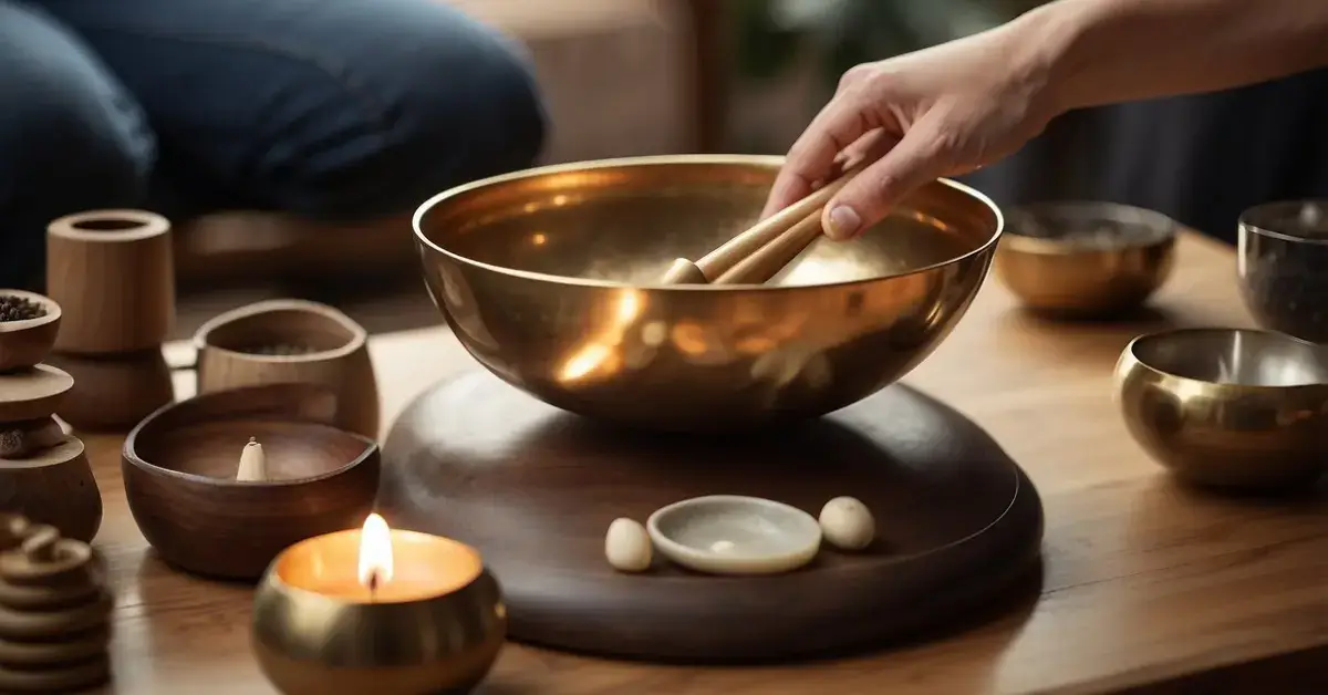 Sound Healing: A variety of sound healing instruments are arranged on a table, including singing bowls, tuning forks, and a gong. A person is using a mallet to strike one of the bowls, creating a soothing sound vibration
