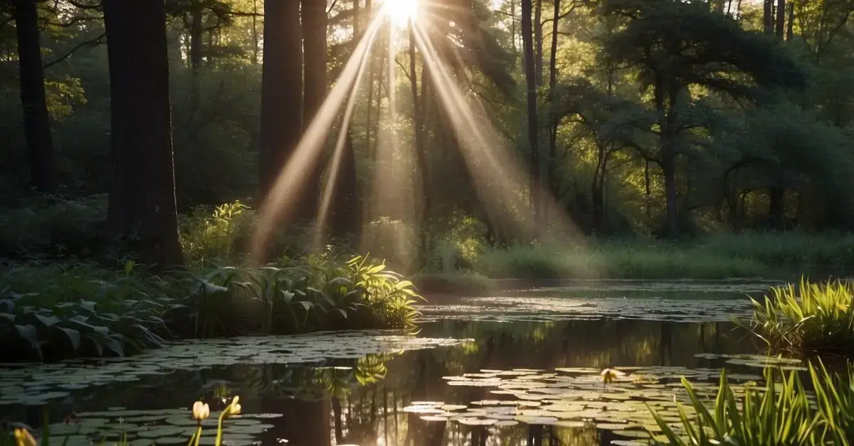 Spiritual Detox: Easy Cleanse Your Mind And Soul 2024 1 Spiritual Detox: A serene forest clearing with beams of light filtering through the trees, illuminating a small pond with lilies floating on the surface