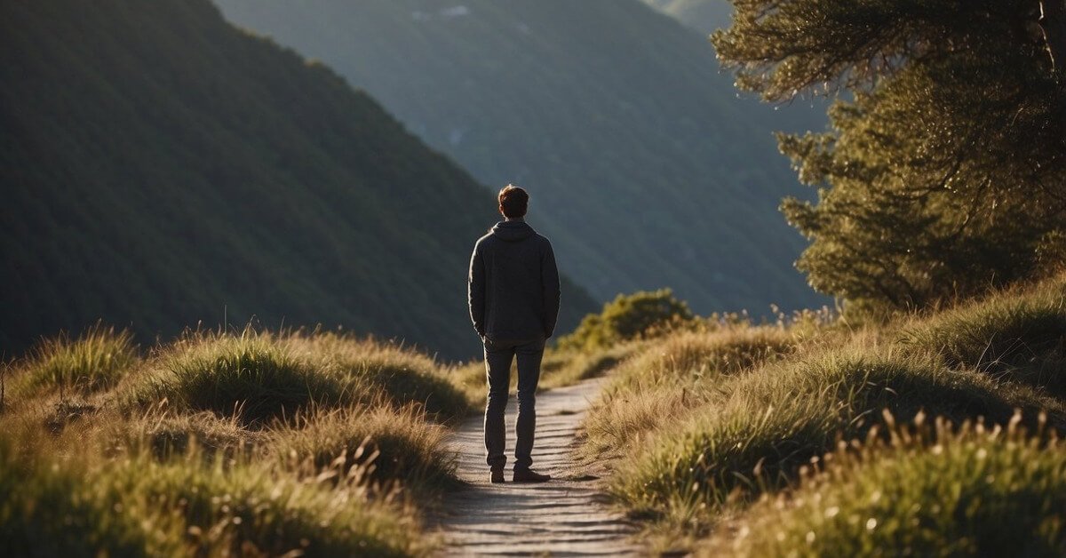 Spiritual Goals: A figure stands at a crossroads, one path leading to a peaceful mountain and the other to a serene ocean. The figure contemplates their spiritual goals, seeking clarity and direction