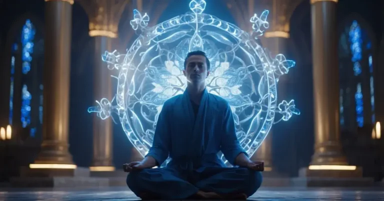 Throat Chakra Meditation: Unlock Your Inner Voice 2024 7 Throat Chakra Meditation: A serene figure sits cross-legged, surrounded by blue light and swirling energy, focusing on the throat area