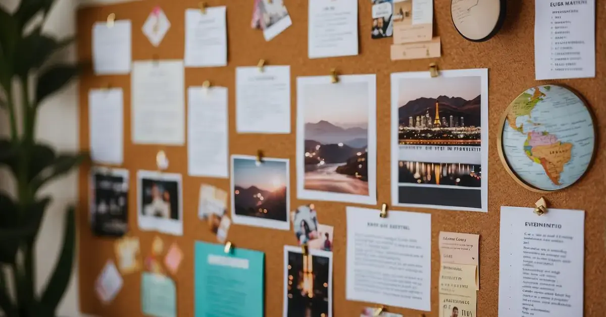 Vision Board Ideas: A vision board with images of goals, dreams, and affirmations pinned on a corkboard against a bright, organized workspace