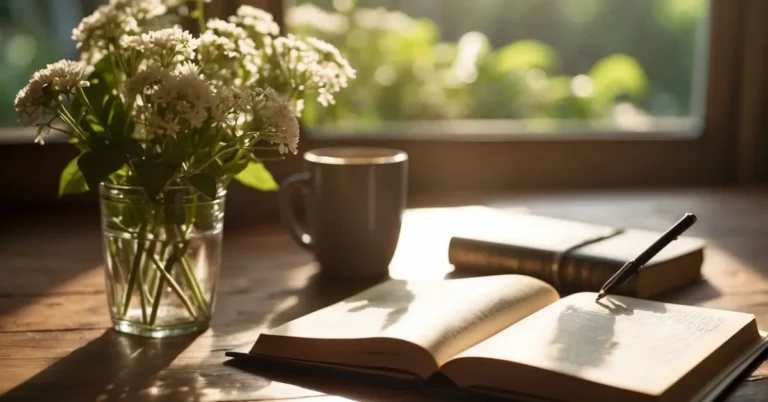 What Are Affirmations: Boost Your Positive Thinking 2024 10 What Are Affirmations: A serene, sunlit room with a journal and pen on a table. A window overlooks a peaceful garden. A mantra is written on the page