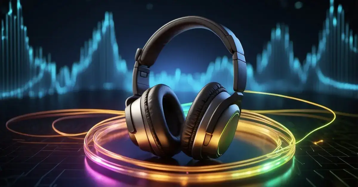 What Are Binaural Beats: A pair of headphones emitting two different frequencies, one in each ear, with a brainwave pattern displayed on a screen
