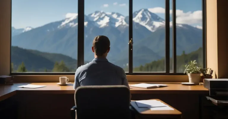 What Is Remote Viewing: The Mind's Hidden Potential 2024 6 What Is Remote Viewing: A person sitting at a desk with a pen and paper, gazing out a window at a distant mountain range