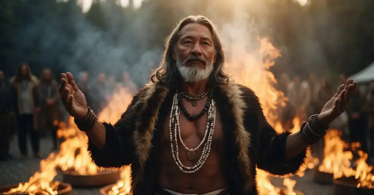 What Is Shamanism: A shamanic ritual: a fire burns in the center of a circle, surrounded by feathers, stones, and herbs. A shaman stands with arms raised, connecting with the spirit world