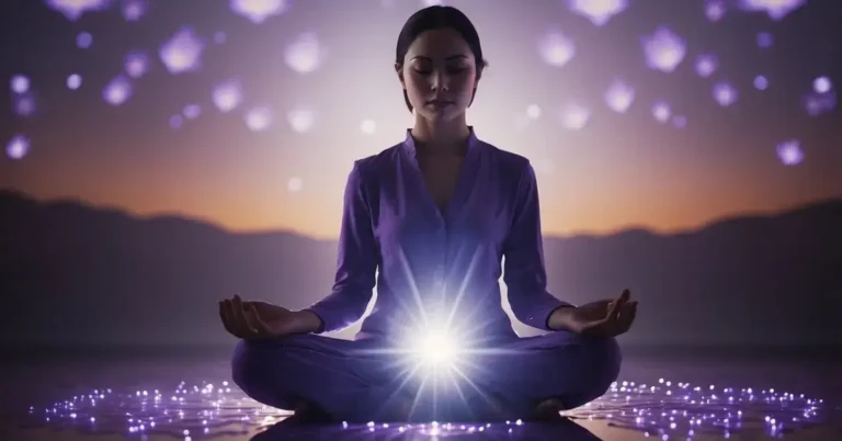 Crown Chakra Meditation: Unlocking Higher Consciousness 2024 6 Crown Chakra Meditation: A figure meditates under a glowing violet lotus, surrounded by a halo of light, symbolizing the opening and activation of the crown chakra