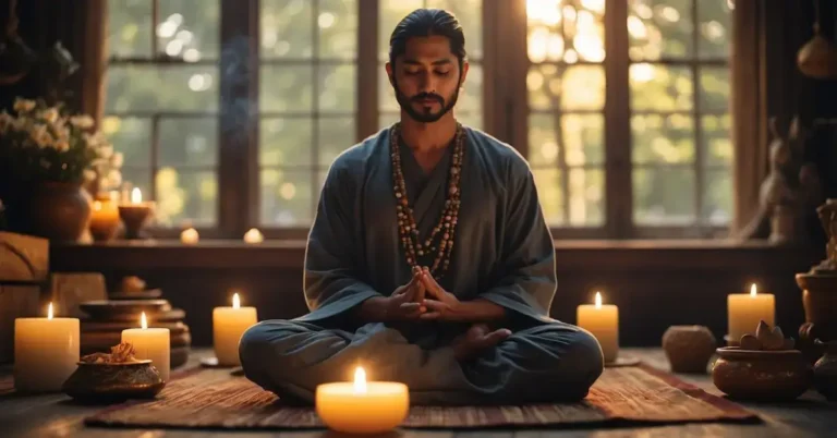 Different Types Of Meditation: Your Path To Inner Peace 2024 7 Different Types Of Meditation: A serene figure sits cross-legged, surrounded by various meditation tools and symbols, such as incense, crystals, and a singing bowl. Rays of soft light filter through the window, creating a peaceful and tranquil atmosphere